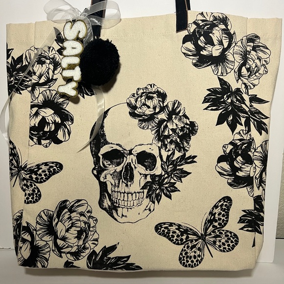 Floral Skull Canvas Tote Bag - Black and Cream with Purse Charm - Picture 1 of 7